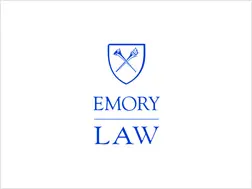 A blue and white logo of emory law.